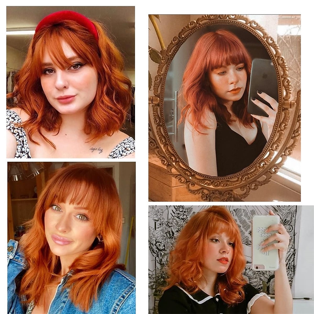 Perucas Laranja Vermelha para Mulheres Curta Ondulada Bob com Franja Peruca Cacheada Ruiva Comprimento até o Ombro Cabelo Vermelho Cobre 14 Polegadas Peruca Sintética Colorida para Cosplay Uso Diário de 2025 por $22.99 –P2