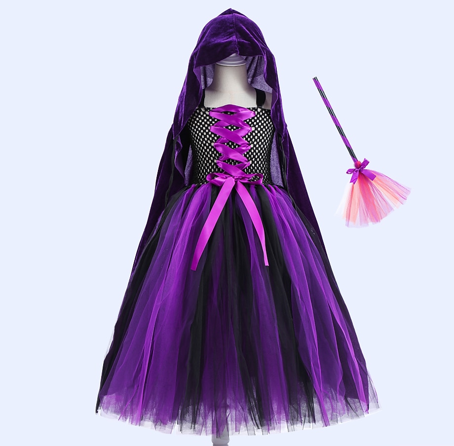 IKALI Hexe Kostüm Für Kinder Mädchen – Spider Skelett Halloween Kleid Mit Hut, Karneval Party Verkleidung, Gr. 3-10 Jahre, Inkl. Druckknopfverschluss