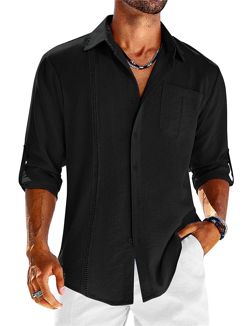 Men's Shirt Guayabera Shirt Linen Shirt Button Up Shirt Summer Shirt Beach Shirt Black White Navy Blue Long Sleeve Plain Turndown Spring & Summer Casual Daily Clothing Apparel Patchwork 2026 - $25.99 –P10