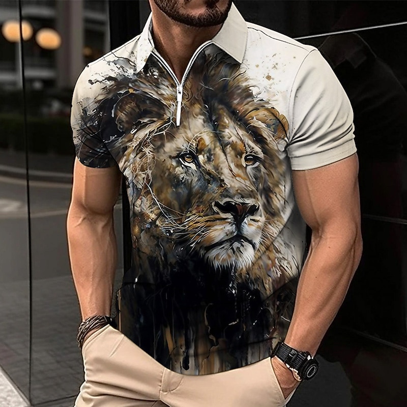 Men's Lion Zip Polo Shirts Golf Shirt Short Sleeve Polo Shirts Collared Shirts Casual Funny Streetwear Vacation Wear Party Outfits 3D Print Quarter Zip Polo Black White Yellow 2025 - $22.99 –P4