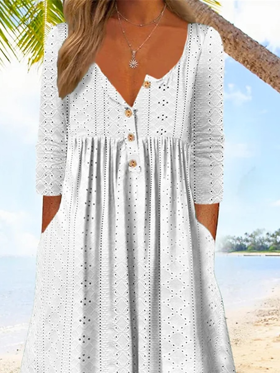 Women's Casual Dress Cotton Linen Dress White Dress Midi Dress Linen / Cotton Blend Basic Classic Outdoor Daily Vacation V Neck Button Pocket 3/4 Length Sleeve Summer Spring Fall 2023 Regular Fit 2023 - US $26.99 –P3