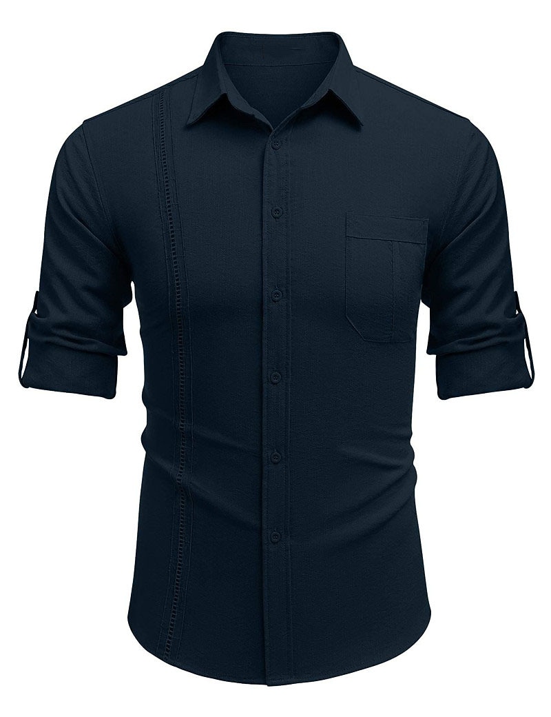 Men's Shirt Guayabera Shirt Linen Shirt Button Up Shirt Summer Shirt Beach Shirt Black White Navy Blue Long Sleeve Plain Turndown Spring & Summer Casual Daily Clothing Apparel Patchwork 2026 - $25.99 –P9