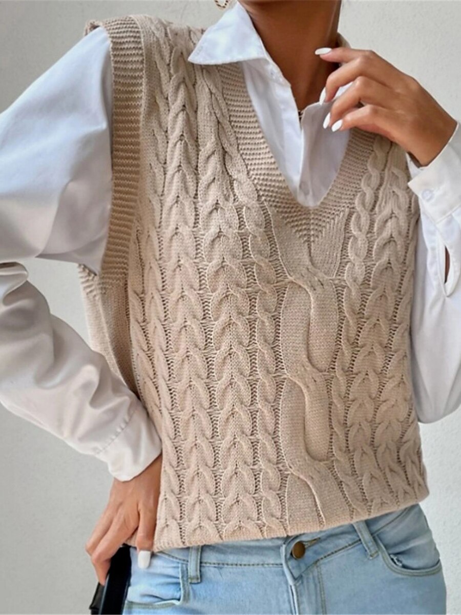 Women's Sweater Vest V Neck Cable Knit Acrylic Oversized Summer Fall Daily Going out Weekend Stylish Casual Soft Sleeveless Solid Color Black Khaki S M L 2023 - US $29.99 –P4