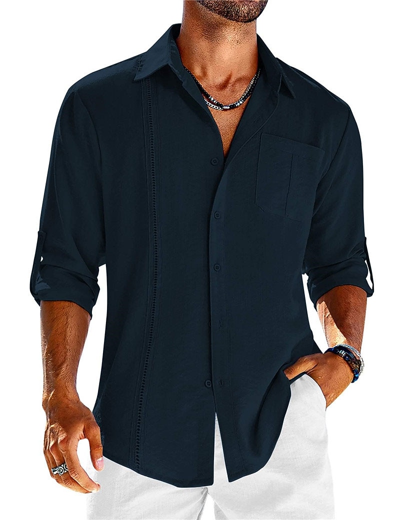 Men's Shirt Guayabera Shirt Linen Shirt Button Up Shirt Summer Shirt Beach Shirt Black White Navy Blue Long Sleeve Plain Turndown Spring & Summer Casual Daily Clothing Apparel Patchwork 2026 - $25.99 –P6