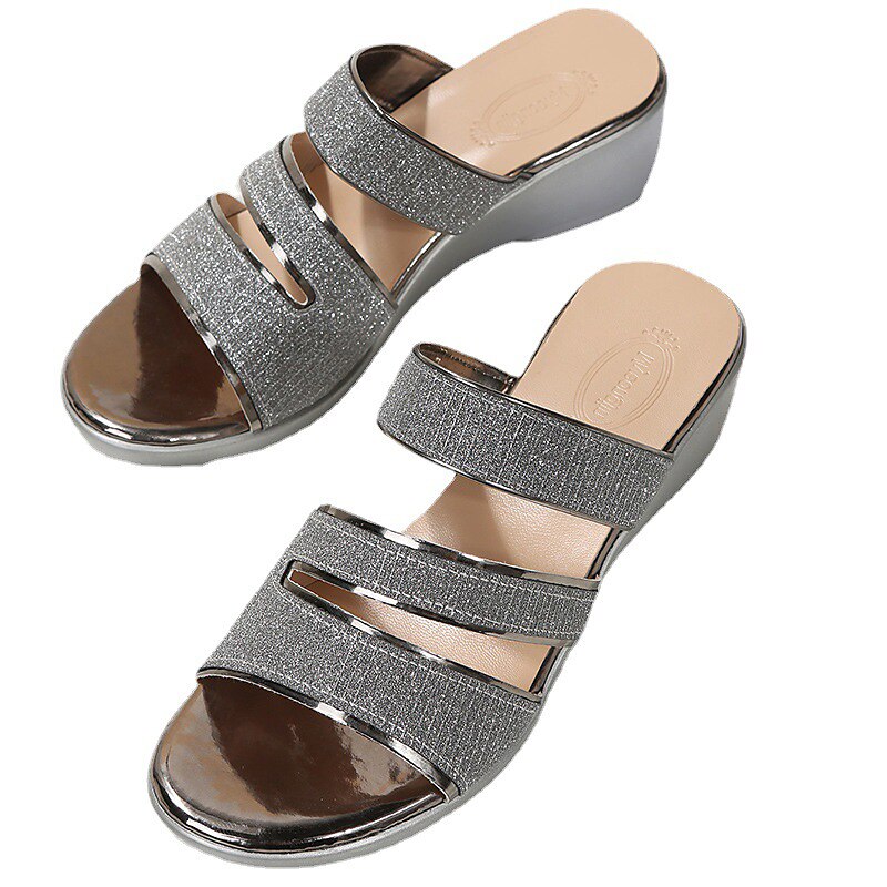 Women's Sandals Slippers Mules Wedge Sandals Outdoor Slippers Wedding Party Outdoor Solid Color Summer Sequin Wedge Heel Elegant Fashion Luxurious PU Loafer Silver Gold 2023 - AED 94.99 –P6