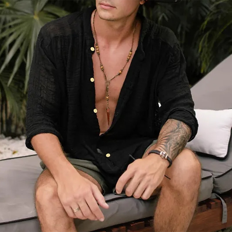 Herren Hemd Hemd aus Baumwollleinen Hemd mit chinesischem Kragen Hemd mit Stehkragen Sommerhemd Strandhemd Glatt Urlaub Hawaiianisch Schwarz Khaki Langarm Kargen Frühling Sommer Bekleidung Grundlegend 2026 - $28.99 –P6