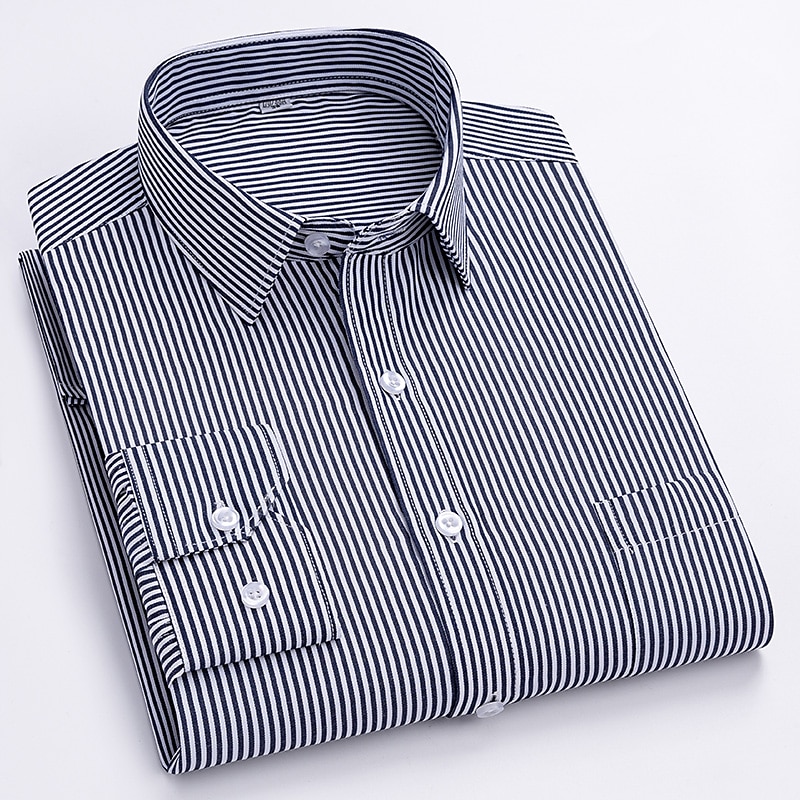 Dress Shirt Striped Shirt Work Shirt Non Iron Shirt Stripes and Plaid Wedding Office & Career Black White Dark Navy Navy Blue Long Sleeve Turndown All Seasons Clothing Apparel 2026 - $31.99 –P2