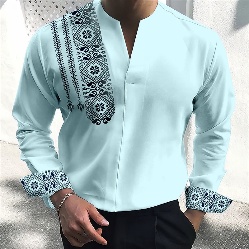 Bărbați Epocă Geometrie Totem Cămașă Camașă cu nasturi Manșon Lung Modă Șic Stradă Designer În aer liber Casual Zilnic Vară Toamnă În V Imprimeu Alb Albastru piscină Trifoi Kaki Albastru Deschis 2025 - $26.99 –P4