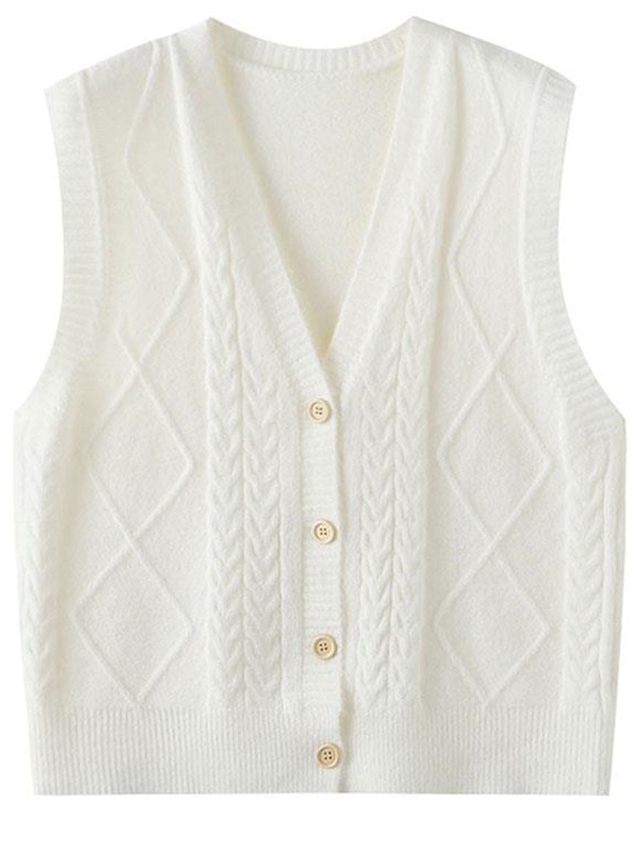 Women's Sweater Vest V Neck Cable Knit Polyester Button Summer Fall Daily Holiday Going out Sexy Casual Soft Sleeveless Pure Color Black White Pink One-Size 2023 - US $19.99 –P4