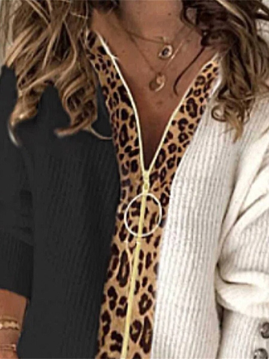 Women's Cardigan Sweater Half Zip V Neck Ribbed Knit Polyester Patchwork Zipper Fall Winter Outdoor Daily Going out Stylish Casual Soft Long Sleeve Leopard Color Block Black S M L 2023 - US $47.99 –P2
