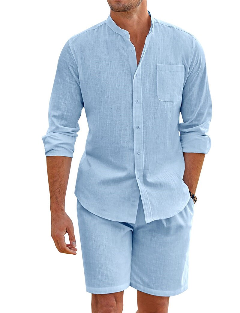 Herren Hemd mit chinesischem Kragen Hemd mit Stehkragen Zweiteilig Hemd Set Sommerhemd Freizeithemd Rosa Blau Grün Beige Grau Langarm Einfach Großvaterkragen Stehkragen Urlaub Täglich Fronttasche 2025 - $40.99 –P14
