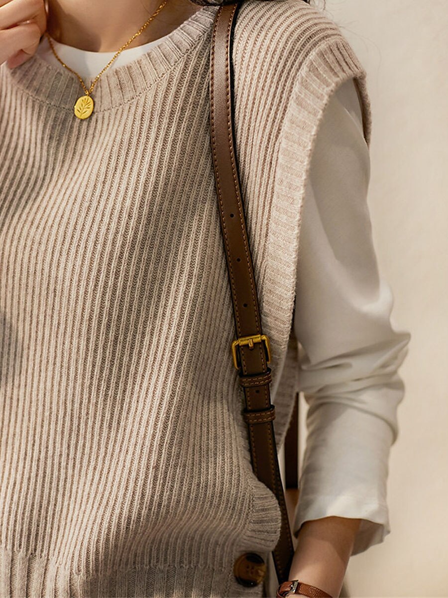 Women's Sweater Vest Crew Neck Ribbed Knit Acrylic Button Summer Fall Daily Holiday Date Stylish Casual Soft Sleeveless Pure Color Brown Beige Coffee One-Size 2023 - US $27.99 –P4