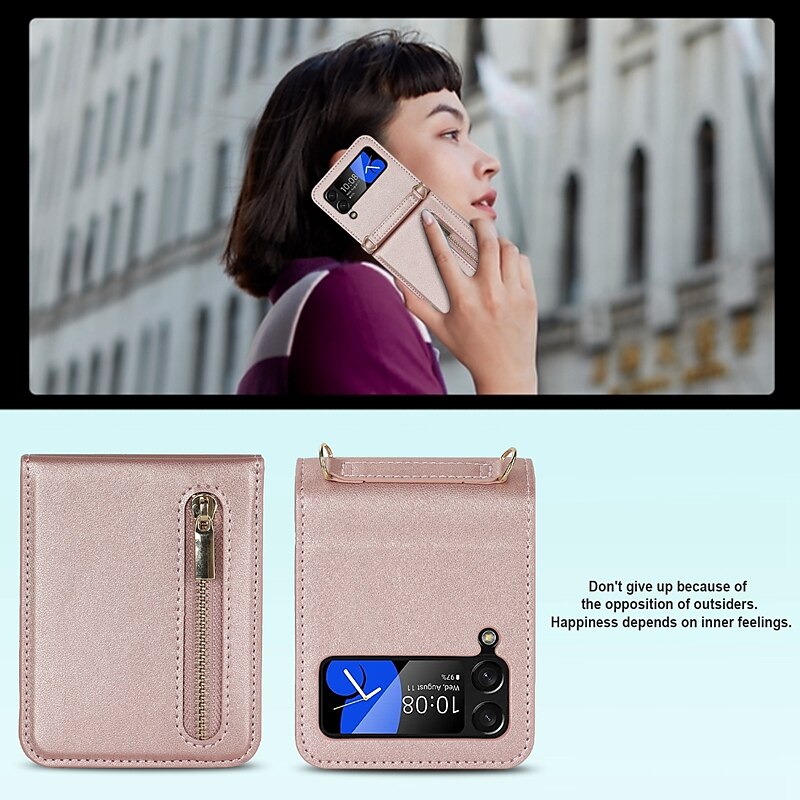 2025年 電話 ケース 用途 サムスンのギャラクシー Zフリップ7 Zフリップ6 Z Flip 5 Z Flip 4 Z Flip 3 ハンドバッグの財布 ウォレットカードケース ジッパ－ 取り外し可能なクロスボディストラップ付き カードホルダースロット 純色 PC PUレザー  コレクション – $25.99 –P16