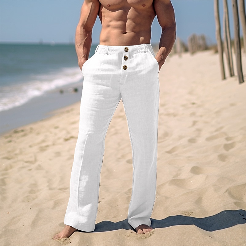 Men's Linen Pants Trousers Summer Pants Beach Pants Drawstring Elastic  Waist Plain Breathable Soft Casual Daily Holiday Linen / Cotton Blend  Fashion Streetwear … | Mens linen pants, Mens outfits, Mens linen