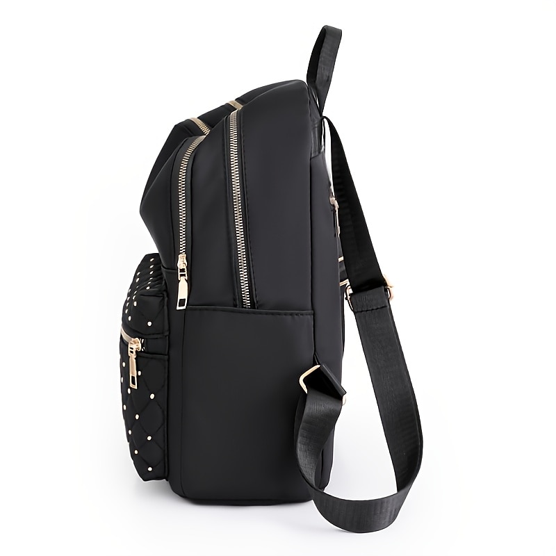 Sac à dos en nylon matelassé noir pour femme avec fermetures éclair dorées et poche avant cloutée – sac léger et élégant pour l'école, le travail ou un usage quotidien de 2025 ? $34.99 –P2