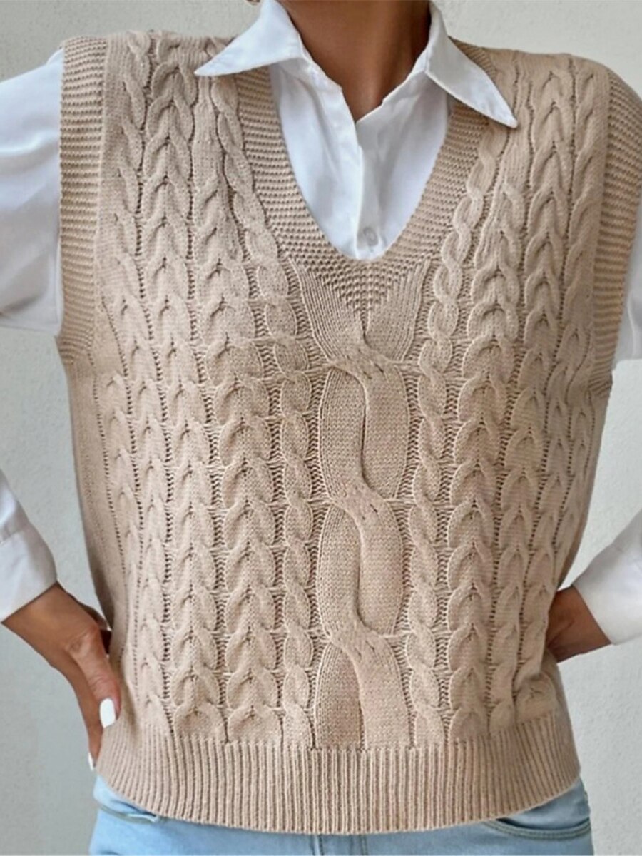 Women's Sweater Vest V Neck Cable Knit Acrylic Oversized Summer Fall Daily Going out Weekend Stylish Casual Soft Sleeveless Solid Color Black Khaki S M L 2023 - US $29.99 –P2