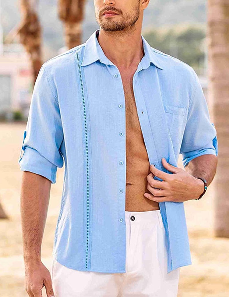 Men's Shirt Guayabera Shirt Linen Shirt Button Up Shirt Summer Shirt Beach Shirt Black White Navy Blue Long Sleeve Plain Turndown Spring & Summer Casual Daily Clothing Apparel Patchwork 2026 - $25.99 –P19