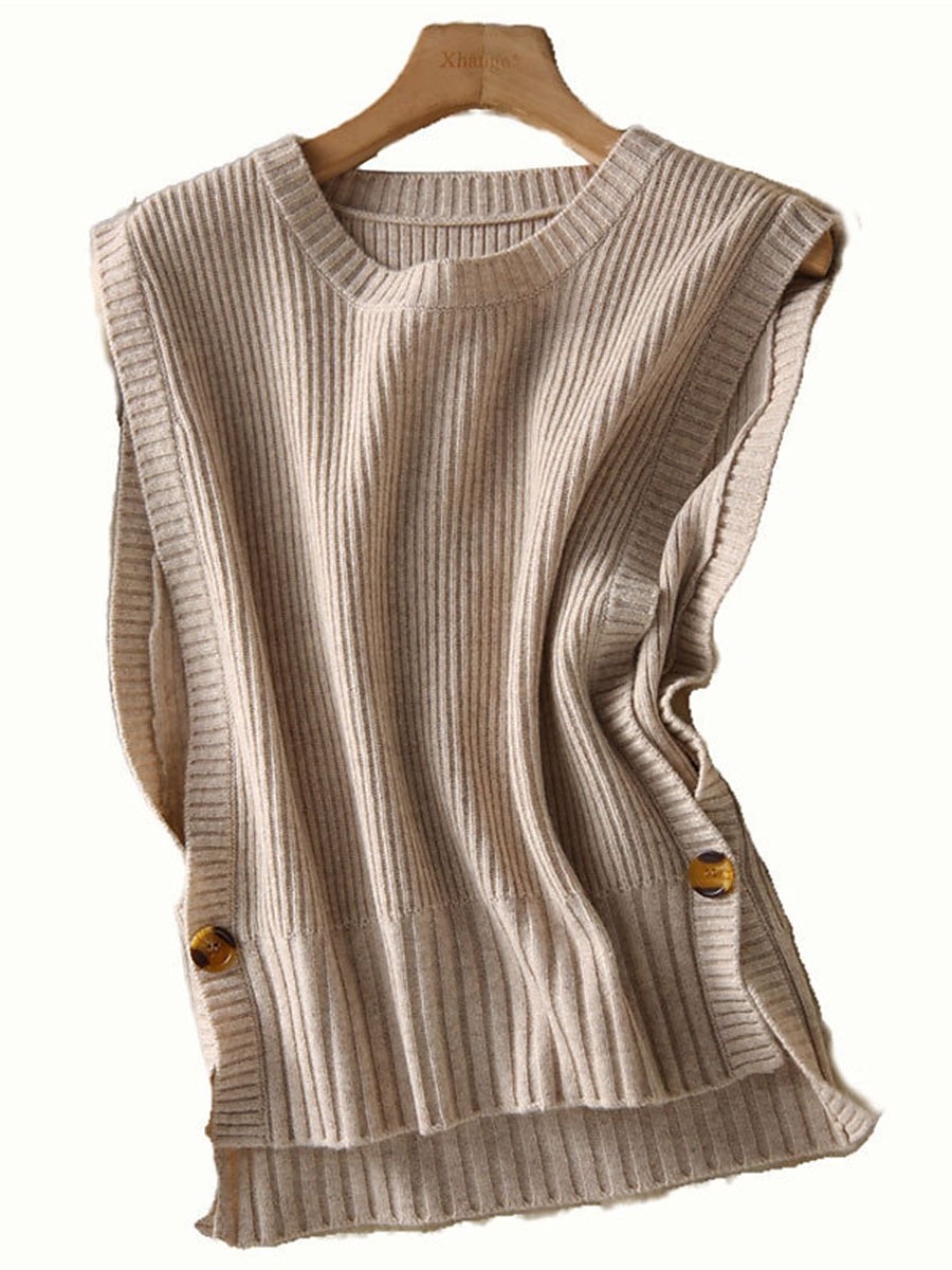 Women's Sweater Vest Crew Neck Ribbed Knit Acrylic Button Summer Fall Daily Holiday Date Stylish Casual Soft Sleeveless Pure Color Brown Beige Coffee One-Size 2023 - US $27.99 –P8