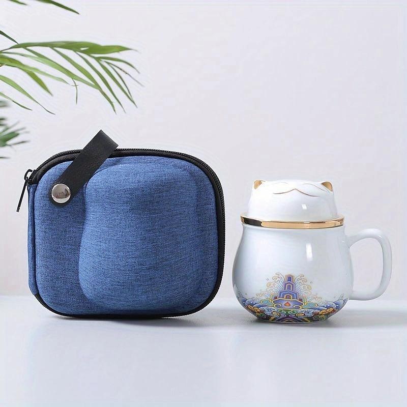 set da tè da viaggio tazza da tè portatile in ceramica gatto fortunato - perfetto per viaggi, ufficio o come regalo! del 2025 a $40.99 –P7