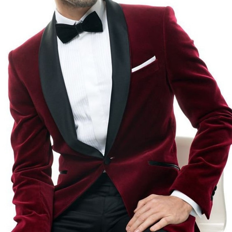 Giacca blazer da uomo in velluto per feste casual taglio regolare a tinta unita monopetto a un bottone borgogna del 2025 a $98.99 –P1