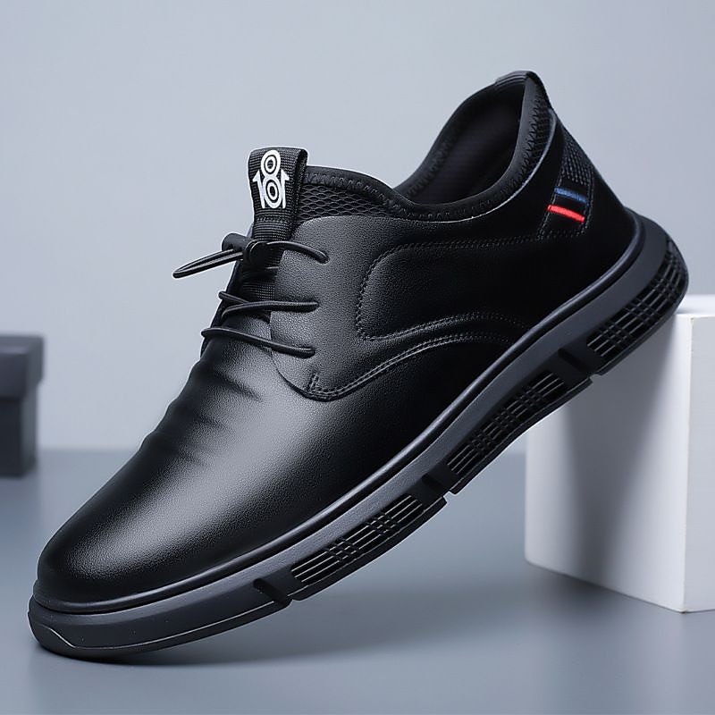 męskie czarne, skórzane, sznurowane, codzienne buty z lekką podeszwą - stylowe i wygodne obuwie na co dzień 2025 - $29.99 –P5