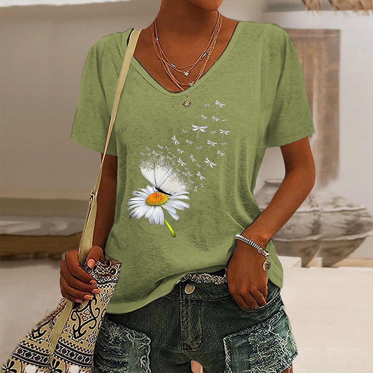 Women's T Shirt Butterfly Dandelion Basic Short Sleeve V Neck Regular Tops Weekend Print Black Pink Blue Purple Green Summer 2025 - $15.99 –P8