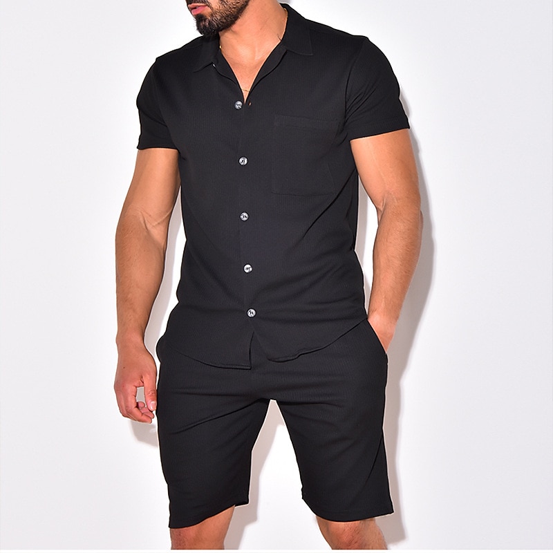 Men's 2 Piece Shirt Set Button Up Shirt Casual Shirt Summer Shirt Black White Green Army Green Short Sleeve Plain Camp Collar Daily Vacation Front Pocket Clothing Apparel Fashion Casual Comfortable 2024 - $44.99 –P3