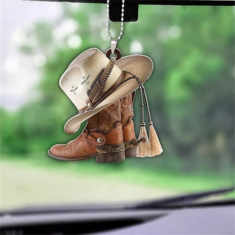 ornamento per specchietto retrovisore per auto decorazione per interni auto stivali e cappelli da cowboy ciondolo in acrilico piatto arredamento per giardinaggio casa ufficio del 2025 a $11.99 –P7