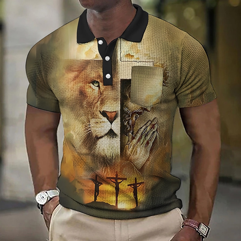 Miesten Leijona Graafiset tulosteet Risti Vohveli poolopaita Poolopaita Lapel Polo Button Up Polos Golfpaita Lyhythihainen Paita Sänkyjen avaus ulko- Katu Vaalean keltainen Musta Keltainen Rubiini 2025 - $22.99 –P5