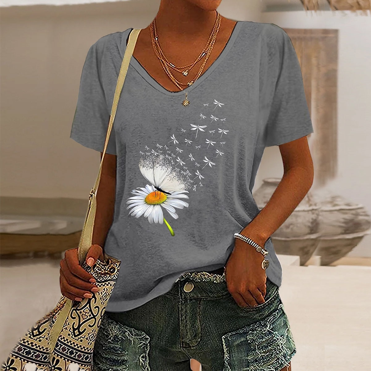 Women's T Shirt Butterfly Dandelion Basic Short Sleeve V Neck Regular Tops Weekend Print Black Pink Blue Purple Green Summer 2025 - $15.99 –P6