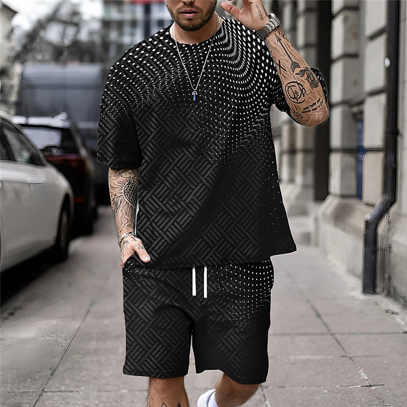 Pánské Geometrické tvary Grafické tisky 2ks Sady odpališť Odpovídající sady Krátký rukáv Krátké kalhoty Tričkový Sport Designové Na běžné nošení Venkovní Dovolená Denní Jaro léto Černá Trávová zelen 2025 - $30.99 –P1