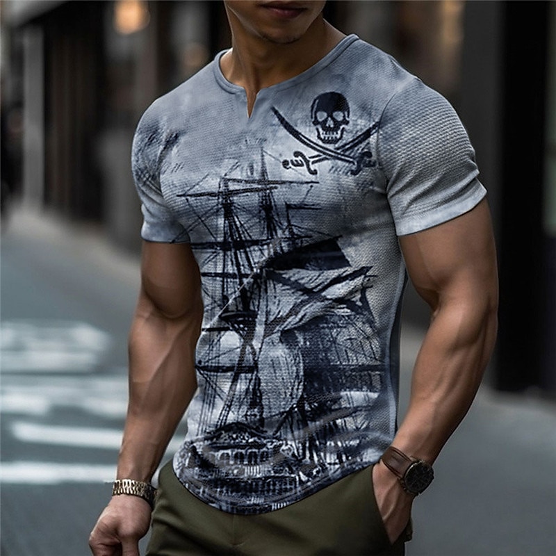 Men's Graphic Nautical Pirate Skulls Waffle T Shirt Short Sleeve T shirt 3D Print V Neck Shirt Fashion Designer Basic Outdoor Daily Sports Blue Green Khaki Summer Clothing Apparel S M L XL 2XL 3XL 2025 - $20.99 –P3