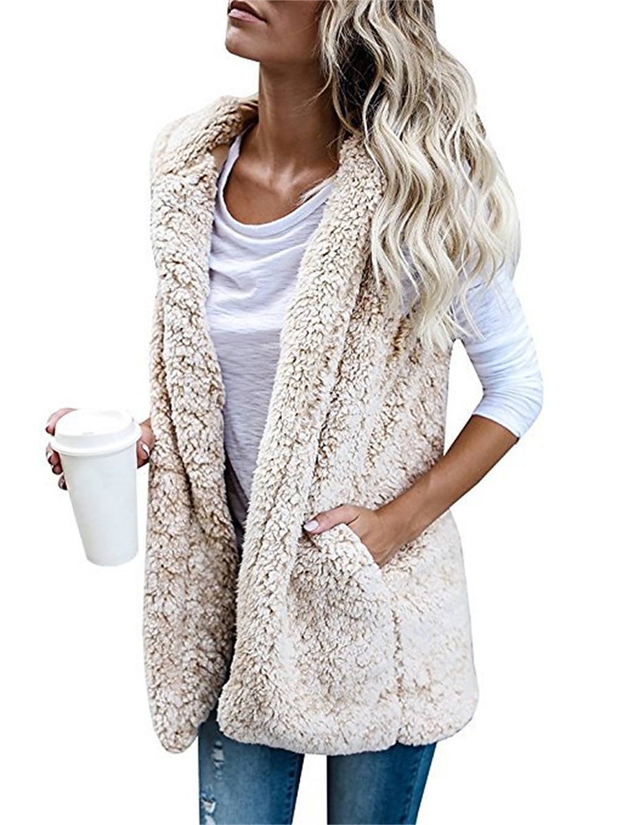 Women's Teddy Vest Warm Cream Teddy Coat with Hood Long  Sherpa Jacket with Pocket Cardigan Hoodie Fashion Daily Casual Plain Outerwear Sleeveless Fall Winter Black White Wine S M L XL XXL 3XL 2023 - US $22.99 –P2