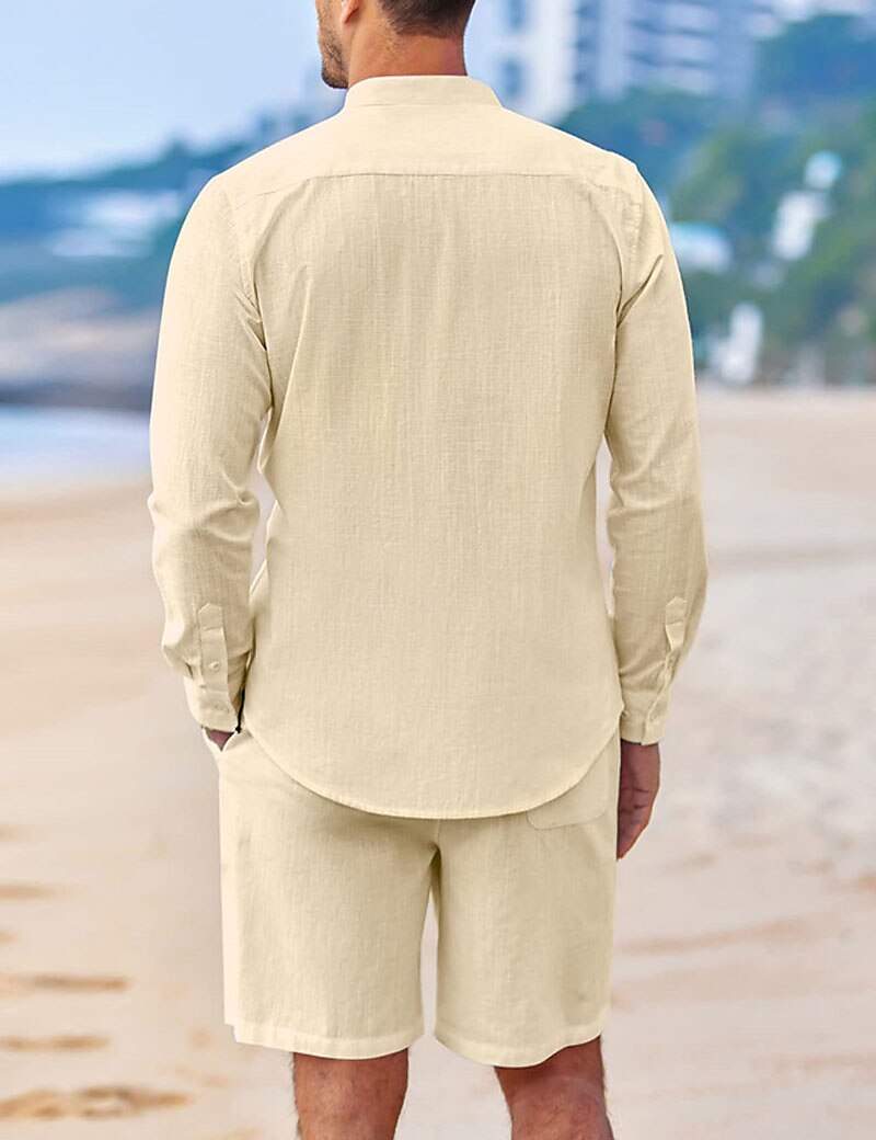 Herren Hemd mit chinesischem Kragen Hemd mit Stehkragen Zweiteilig Hemd Set Sommerhemd Freizeithemd Rosa Blau Grün Beige Grau Langarm Einfach Großvaterkragen Stehkragen Urlaub Täglich Fronttasche 2025 - $40.99 –P12