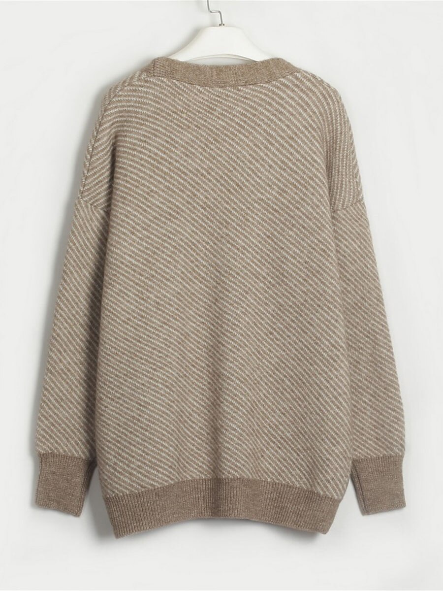 Women's Cardigan Sweater V Neck Ribbed Knit Acrylic Polyester Button Print Summer Fall Long Outdoor Daily Going out Stylish Casual Soft Long Sleeve Striped White Camel Light Blue One-Size 2023 - US $43.99 –P13