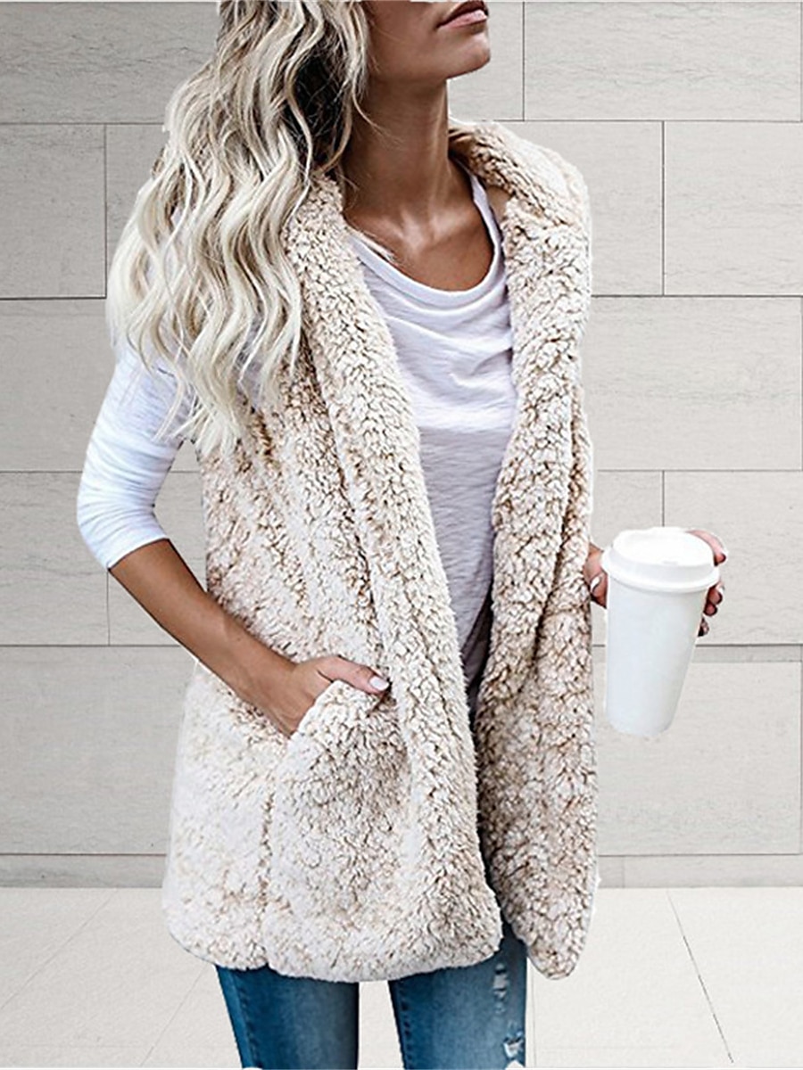 Women's Teddy Vest Warm Cream Teddy Coat with Hood Long  Sherpa Jacket with Pocket Cardigan Hoodie Fashion Daily Casual Plain Outerwear Sleeveless Fall Winter Black White Wine S M L XL XXL 3XL 2023 - US $22.99 –P1