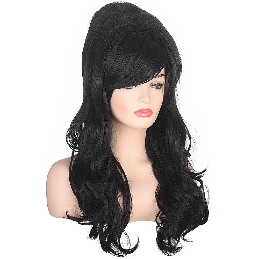 Women Black Beehive Wig Long Curly Wavy Bouffant Heat Resistant