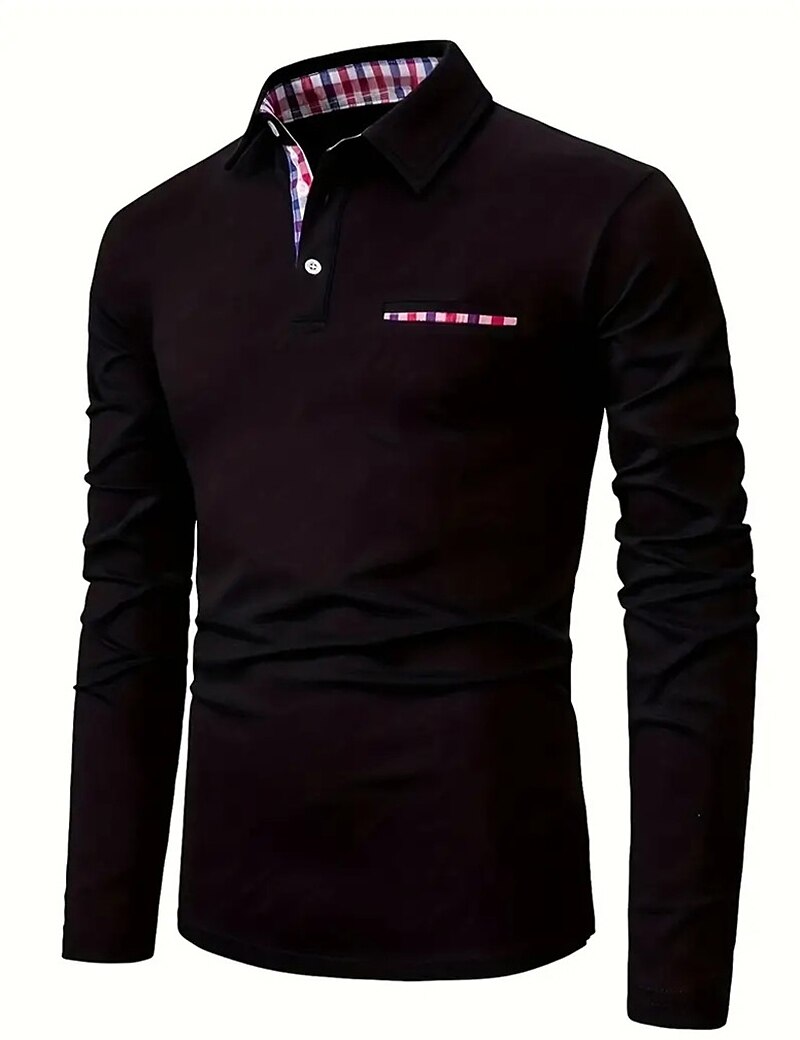 Férfi Button Up Polos POLO trikó Hétköznapi Sport Hajtóka Hosszú ujj Divat Alap Sima Kollázs Gomb Nyár Normál Fekete Piros Sötétkék Button Up Polos 2025 - $21.99 –P5