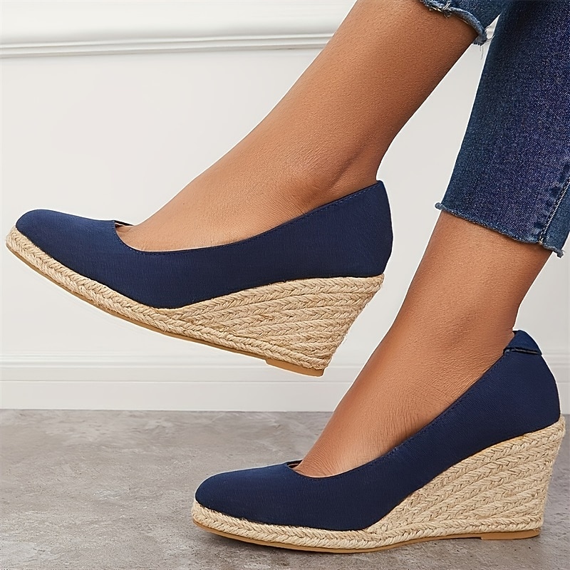 pantofi cu pană din pânză neagră de damă – pantofi cu platformă espadrile cu talpă împletită din iută pentru ținute casual de vară, vacanțe la plajă și ținute de zi cu zi 2025 - $46.99 –P5