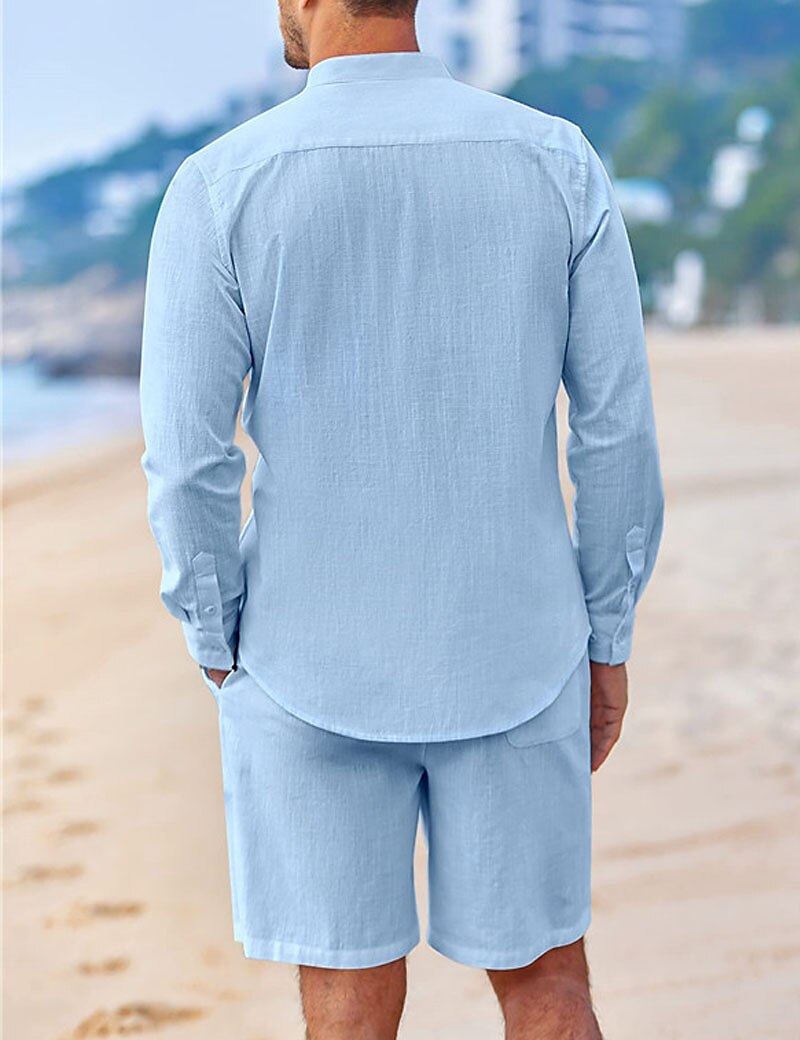 Herren Hemd mit chinesischem Kragen Hemd mit Stehkragen Zweiteilig Hemd Set Sommerhemd Freizeithemd Rosa Blau Grün Beige Grau Langarm Einfach Großvaterkragen Stehkragen Urlaub Täglich Fronttasche 2025 - $40.99 –P16