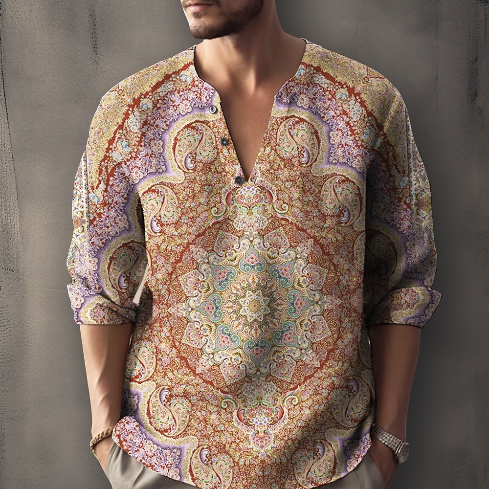 Bărbați Floral Epocă Cămașă Cămașă de in Camașă cu nasturi Manșon Lung Modă Șic Stradă Designer Zilnic În aer liber Vară Primăvară Toamnă Guler de stand Imprimeu Albastru piscină Negru + Negru Galben 2026 - $26.99 –P10