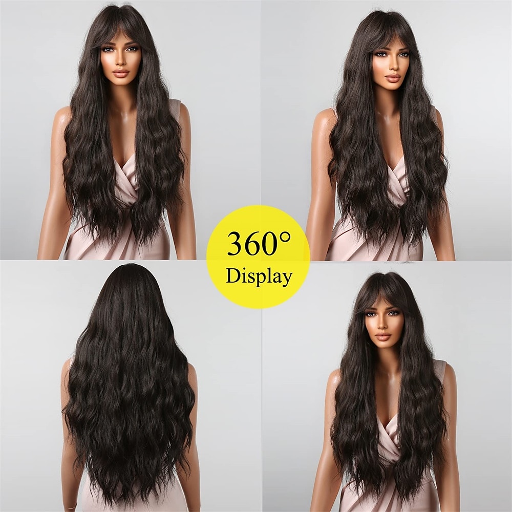 chocoladebruine pruiken voor vrouwen cosplay lang krullend pruik met pony natuurlijk golvend partij synthetisch haar 2025 - $32.99 –P11