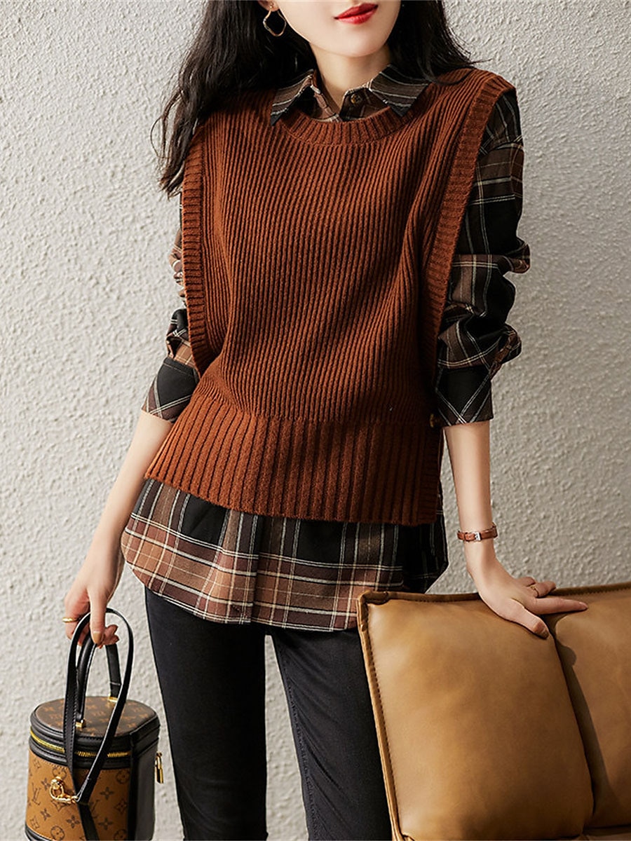Women's Sweater Vest Crew Neck Ribbed Knit Acrylic Button Summer Fall Daily Holiday Date Stylish Casual Soft Sleeveless Pure Color Brown Beige Coffee One-Size 2023 - US $27.99 –P6