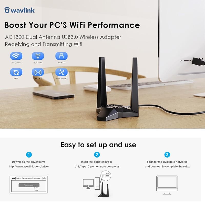 AC1300 USB3.0 Desktop Laptop WiFi Adapter,Dual Band Usb Network Card for PC,High Speed USB Wifi Dongle with Magnetic Dock,usb Wifi Signal Booster 2025 - $52.99 –P4