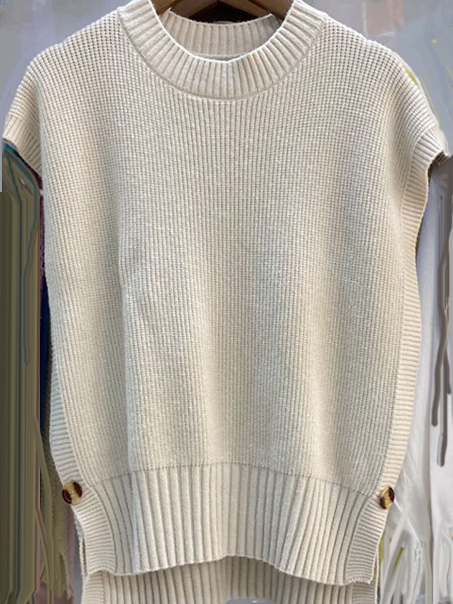 Women's Sweater Vest Crew Neck Ribbed Knit Acrylic Button Summer Fall Daily Holiday Date Stylish Casual Soft Sleeveless Pure Color Brown Beige Coffee One-Size 2023 - US $27.99 –P9
