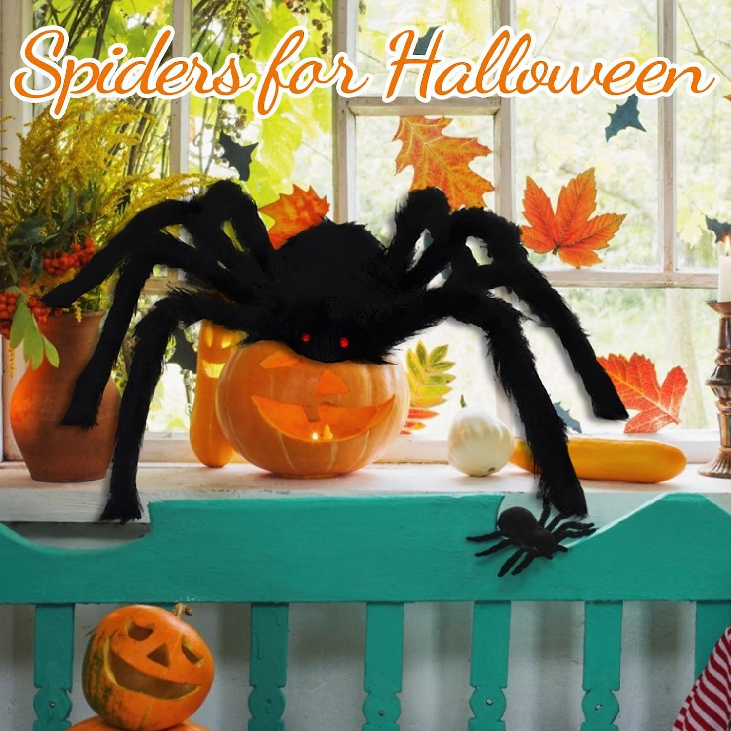 ragno decorativo di Halloween, decorazioni di ragno di Halloween all'aperto, ragno nero morbido e peloso spaventoso, realistico, grande ragno di scena per la casa, il cortile, la decorazione di Halloween inquietante per le feste del 2025 a $9.49 –P7