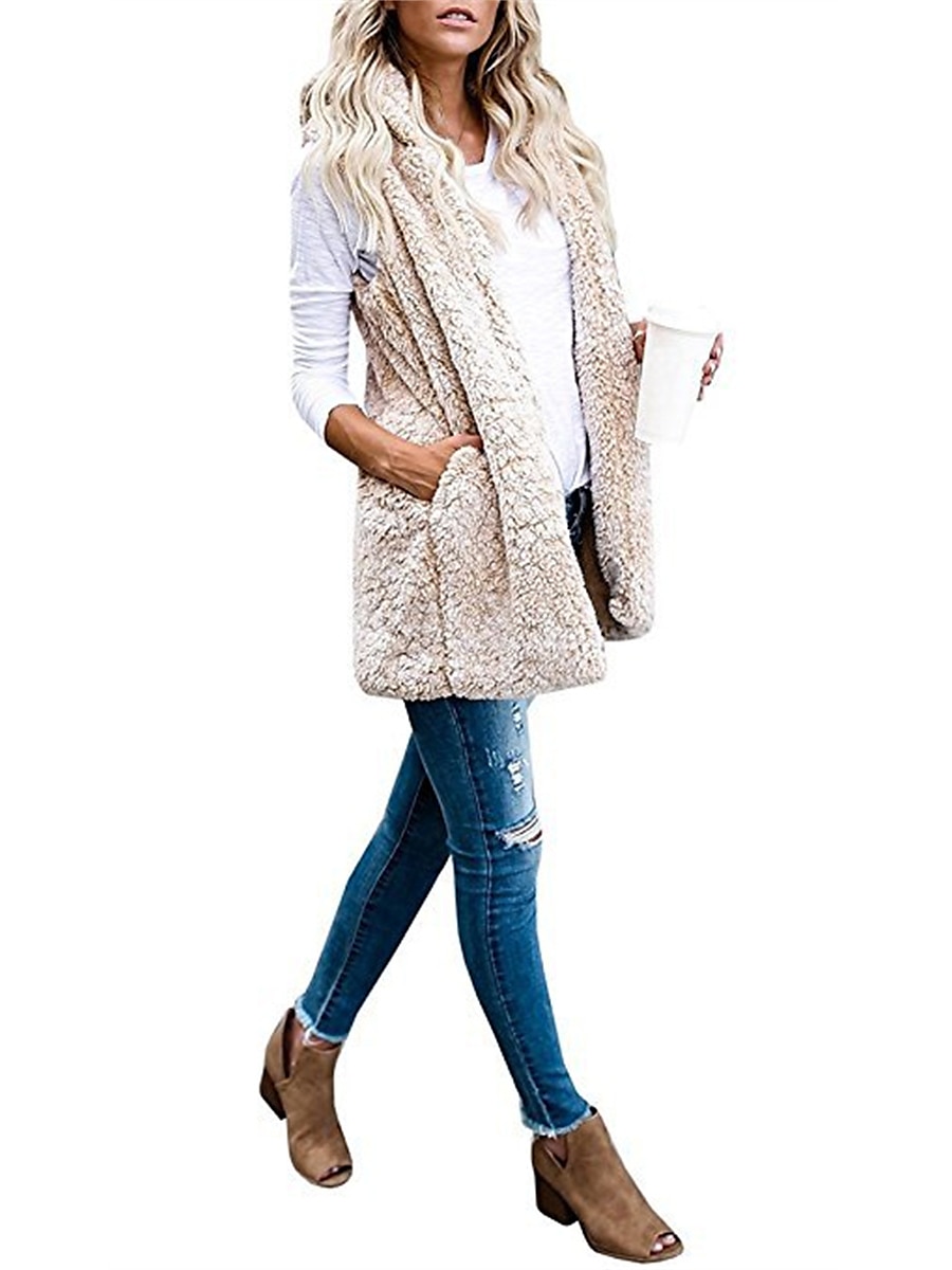 Women's Teddy Vest Warm Cream Teddy Coat with Hood Long  Sherpa Jacket with Pocket Cardigan Hoodie Fashion Daily Casual Plain Outerwear Sleeveless Fall Winter Black White Wine S M L XL XXL 3XL 2023 - US $22.99 –P4