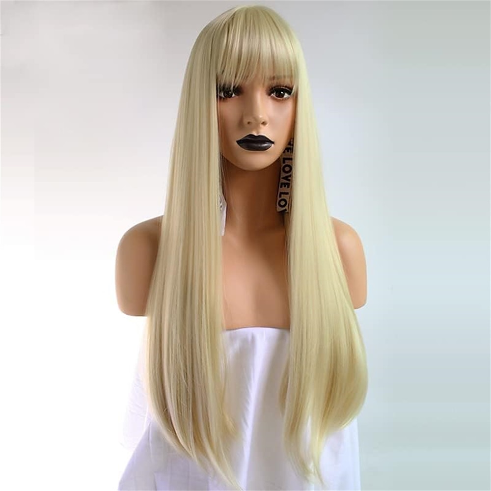 parrucca bionda lunga con frangia parrucca lunga e liscia per donna ragazza cosplay parrucca sostitutiva dei capelli resistente al calore parrucche sintetiche per uso quotidiano festa di carnevale del 2025 a $17.49 –P12