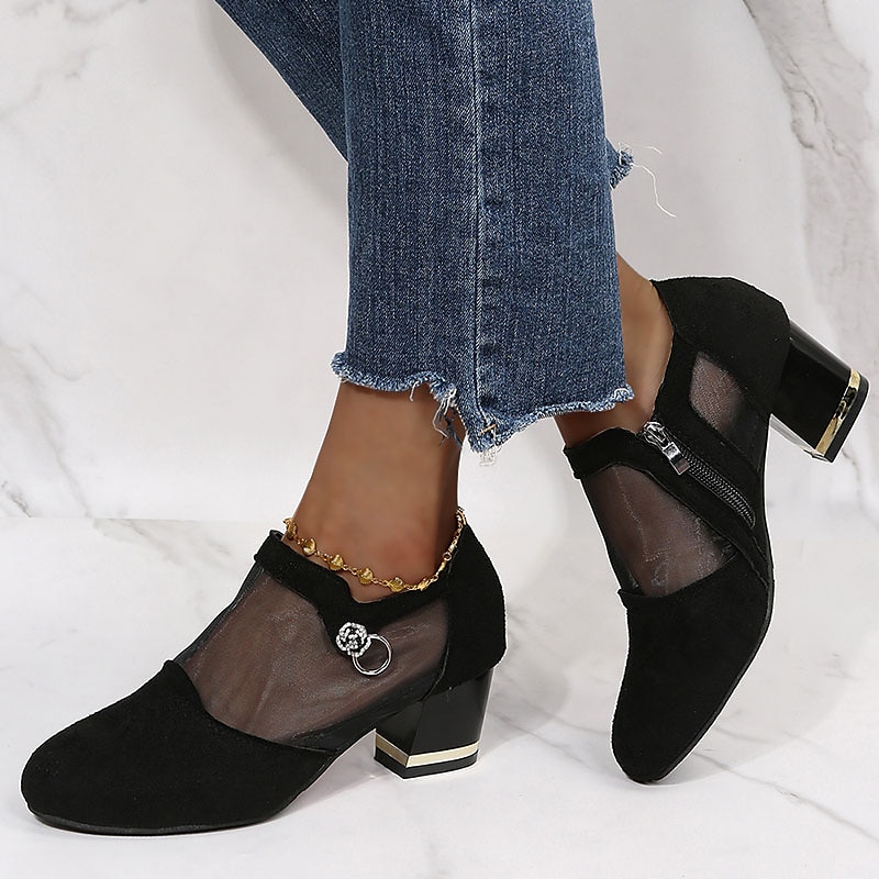 Women's Mesh Panel Chunky Heel Dress Shoes - Elegant Black Formal Pumps with Zipper and Ring Detail 2025 - $29.99 –P2