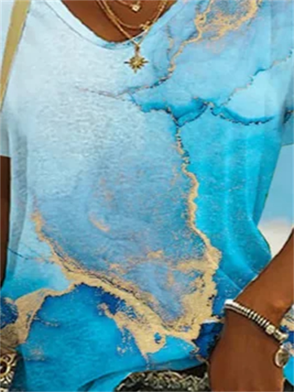 t-shirt basique fluo pour femme&hauts à manches courtes à imprimé abstrait lumineux, col en V, quotidien, week-end, jaune, bleu, or, bleu clair de 2025 ? $21.99 –P3